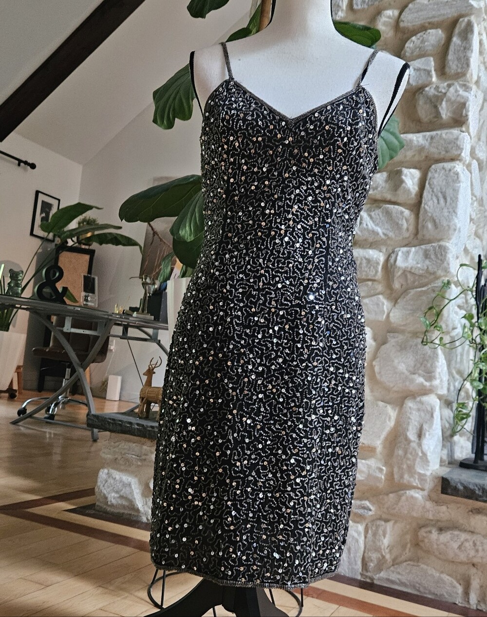 Vintage Elegant Black Sequin Slip Dress